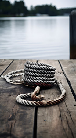 Rope on a wooden pier with a view of the lake.の素材
