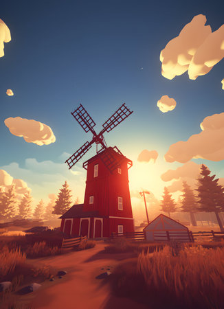 Old windmill in the field at sunset. 3D illustration.の素材