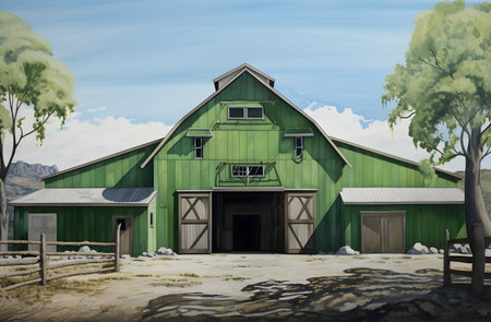 Illustration of a green barn with blue sky in the background.の素材