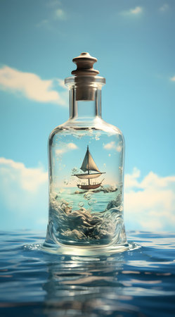 Sailing boat in a glass bottle on blue sky background. 3d illustrationの素材