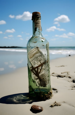 Message in a bottle on the beach with blue sky and white cloudsの素材