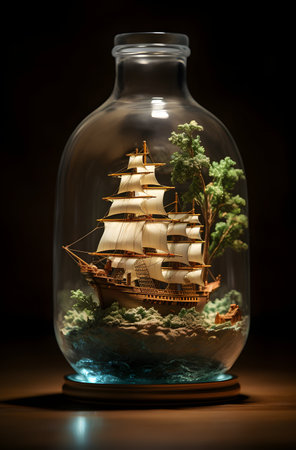 Model of a sailboat in a glass jar on a dark backgroundの素材
