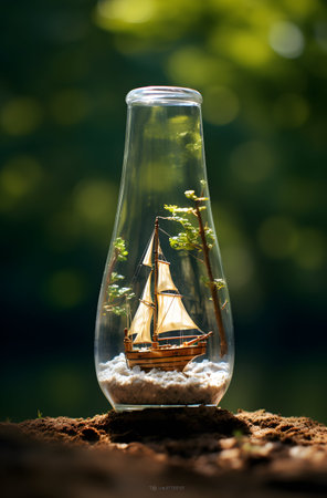 Small model of a sailboat in a glass vase on a natural background.の素材