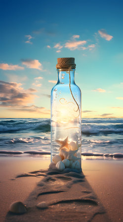 Message in a bottle on the beach at sunset. 3d renderingの素材