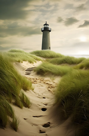 Lighthouse on the dunes at sunset, Cape Cod, Massachusetts, USAの素材