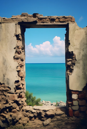 View from the window of an old abandoned house on the sea.の素材