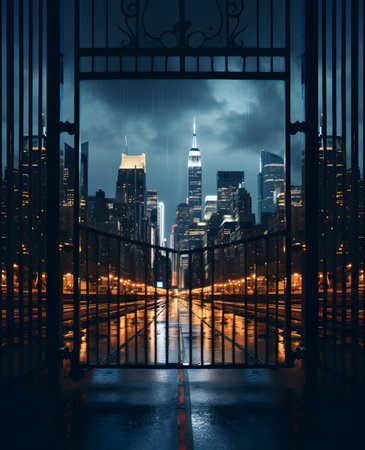 A night view of a street through a wrought iron gate to the New York City skyline.の素材