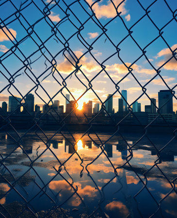 Reflection of cityscape behind the fence with sunset sky background.の素材
