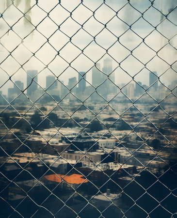 View of the city through the wire fence. Selective focus.の素材