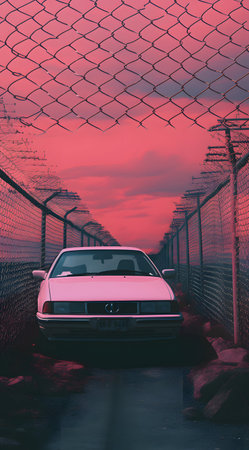 Retro car on the road at sunset. 3D rendering.の素材