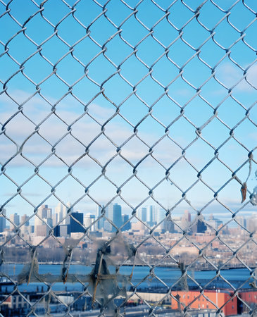 Chain link fence with cityscape in the background. Selective focus.の素材