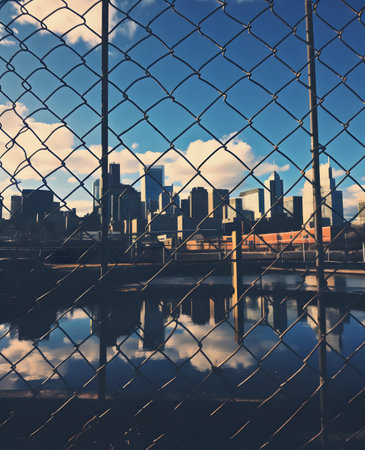 Reflection of a city skyline behind a fence on a sunny dayの素材