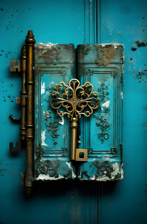 Vintage key on a blue background. Selective focus. Toned.の素材