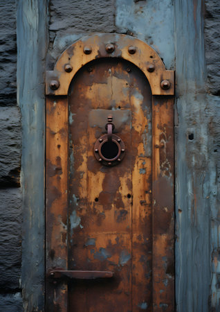 Old rusty metal door with padlock, closeup of photo.の素材