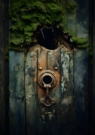 Wooden door with old lock and green ivy on it.の素材