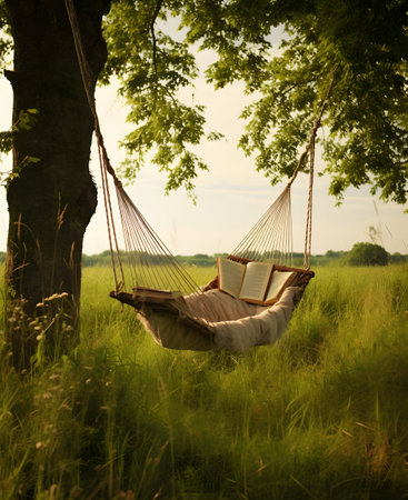 Hammock and book on a meadow in the morning.の素材