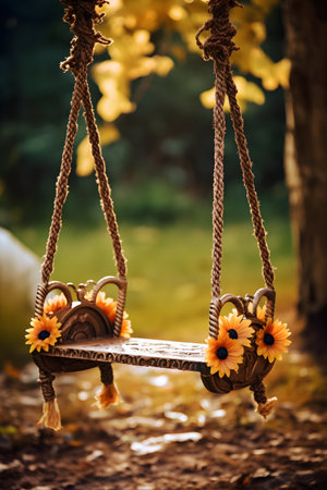 Beautiful swing with sunflowers in the garden. Selective focus.の素材