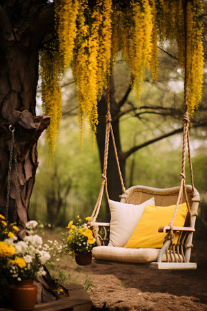 Beautiful vintage swing with yellow mimosa flowers in the garden.の素材