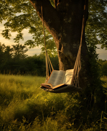 A book in a hammock on a green meadow in summerの素材