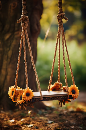 Wooden swing hanging on a tree in the garden with flowers.の素材
