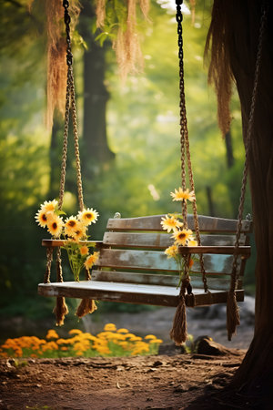 Beautiful swing in the park with sunflowers, vintage styleの素材