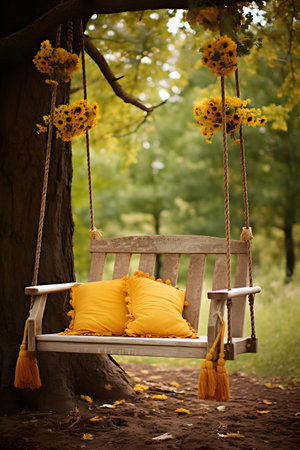 Wooden swing with yellow pillows and yellow flowers in the parkの素材