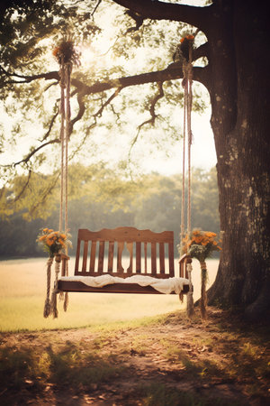 Wooden swing under the tree in the morning. Vintage style.の素材