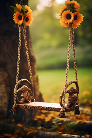 Wooden swing with sunflowers in the park, vintage styleの素材