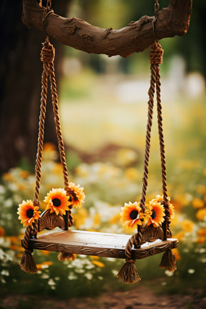 Wooden swing with sunflowers in the park, vintage styleの素材