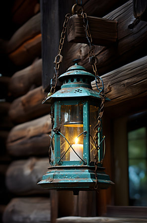 Lantern on the wooden wall of the old log house.の素材