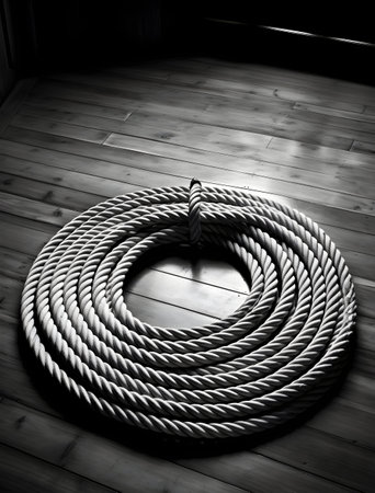 Black and white image of a rope on a wooden floor. Shallow depth of fieldの素材