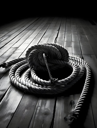 Rope on the deck of a ship. Black and white.の素材