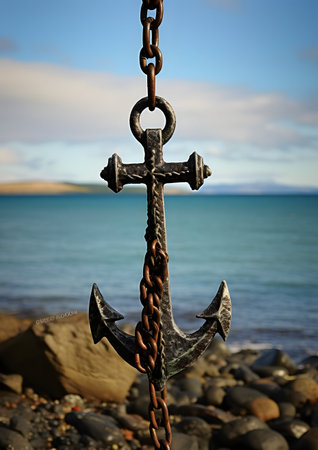Anchor on the seashore with a chain in the foregroundの素材
