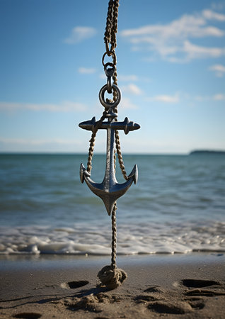 Anchor on the beach. Sea background. Selective focus.の素材
