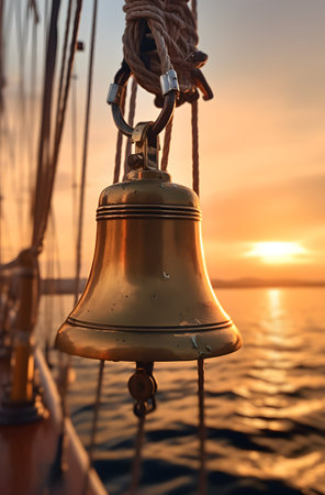Bell on the deck of a sailing ship at sunset, close-upの素材