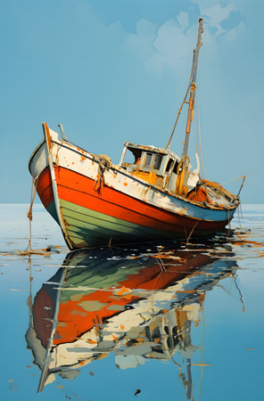 Fishing boat in the water with reflection of blue sky and cloudsの素材
