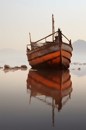 Fishing boat on the shore of the sea with reflection in waterの素材