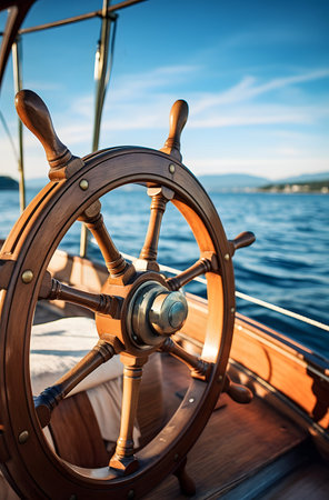 Steering wheel of a sailing ship on the background of the seaの素材