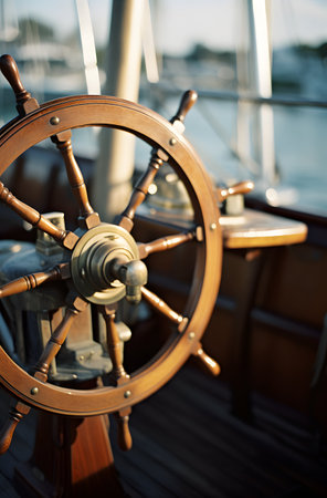 Steering wheel of a sailing ship, close-up, selective focusの素材