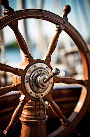Wooden steering wheel of a ship on the background of the seaの素材