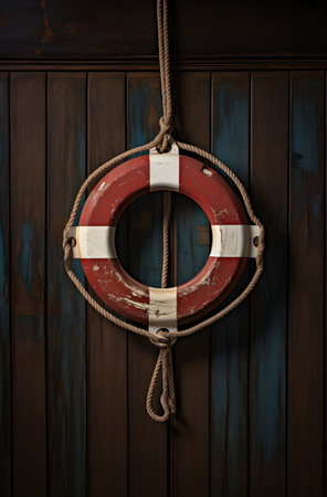 Lifebuoy hanging on a rope against a wooden planks backgroundの素材