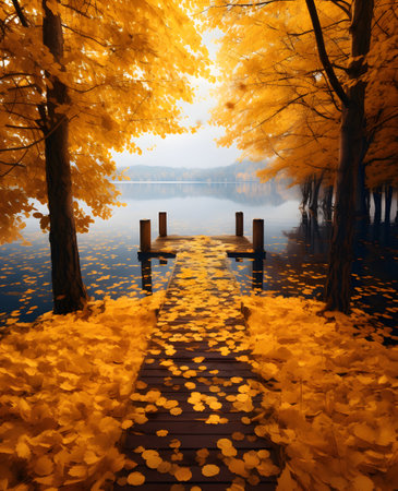 Autumn landscape with yellow leaves on the wooden bridge over the lakeの素材