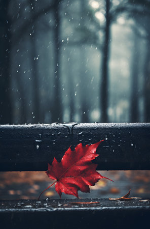 Autumn maple leaf on a bench in the rain. Fall season.の素材