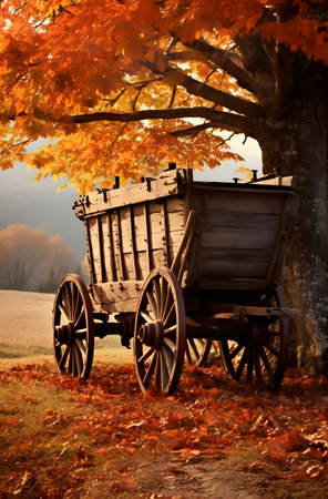 Old wooden cart in the autumnal forest. Vintage style photo.の素材