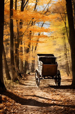 Horse-drawn carriage in the autumn forest. Autumn landscape.の素材