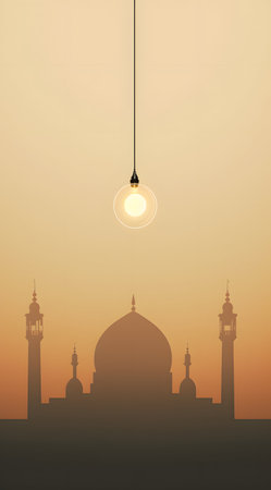 Illustration of a mosque with lightbulb on a sunset backgroundの素材
