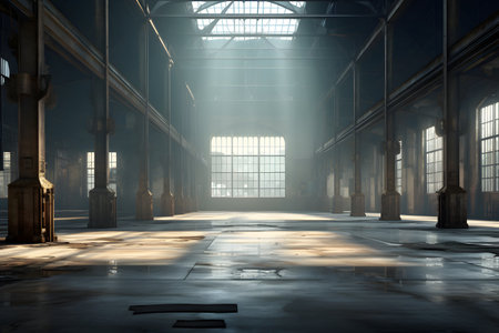 Interior of an old abandoned factory. 3d rendering toned imageの素材