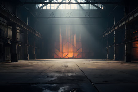 3d rendering of an old factory warehouse with light coming through the windowの素材