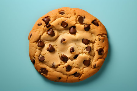 Chocolate chip cookie on blue background. Top view, flat lay.の素材