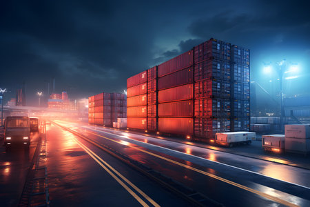 Containers in the port at night, freight transportation and logistics conceptの素材